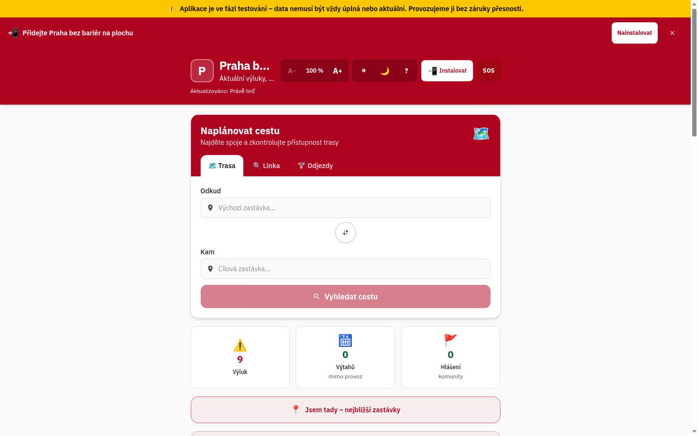 Praha bez bariér – ukázka webu